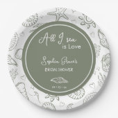 All I Sea is Love Sage Green Seashells Doodles Pappteller (Vorderseite)