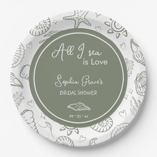 All I Sea is Love Sage Green Seashells Doodles Pappteller (Vorderseite)