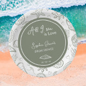 All I Sea is Love Sage Green Seashells Doodles Pappteller