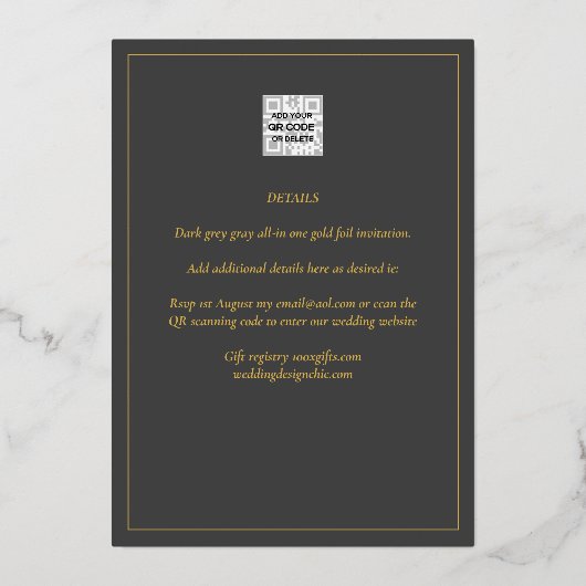 All-in-1 Black Gold Foil Wedding QR Code Folieneinladung (Rückseite)