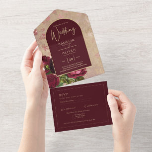 All-in-1 Burgunder-Rosen Vintage-RSVP + Hochzeit All In One Einladung