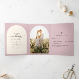 All-in-1 Dusty Rose Wedding RSVP Program FOTO Dreifach Gefaltete Einladung