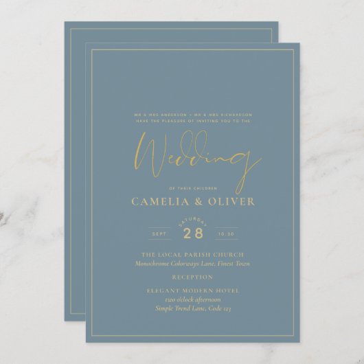 All-in-1 Elegantes Sea Glass Aquamarin Gold Weddin Einladung (Vorne/Hinten)