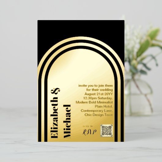 All-in-1 GOLD FOIL Black Foto QR Code Moderner Folieneinladung (Stehend vorne)