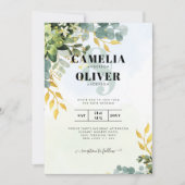 All-in-1 Greenery Gold Eukalyptus Blätter Hochzeit Einladung (Vorderseite)