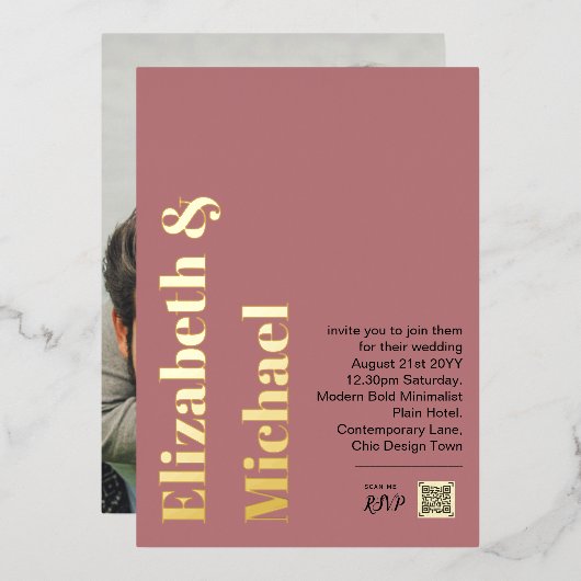 All-in-1 REAL GOLD FOIL Pink Foto QR Code Moderner Folieneinladung (Vorderseite/Rückseite)