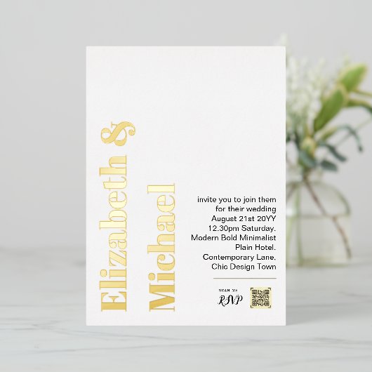 All-in-1 REAL GOLD FOIL White Foto QR Code Modern Folieneinladung (Stehend vorne)