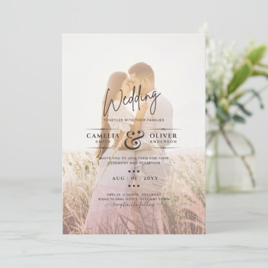 All-in-1 Rosa Ombre Foto Overlay HochzeitQR-Code Einladung (Stehend Vorderseite)