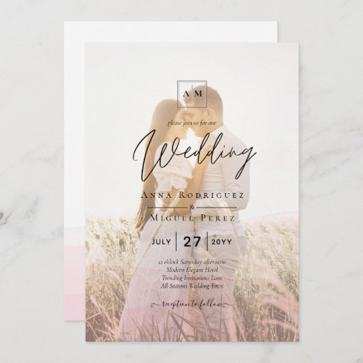 All-in-1 Rosa Ombre Foto Overlay HochzeitQR-Code Einladung (Vorne/Hinten)