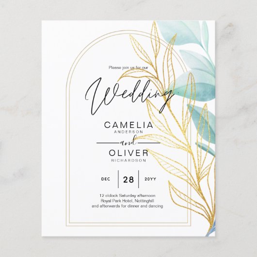 All-in-1 Sea Glass Aqua Green Gold Blätter Hochzei Flyer (Vorne)