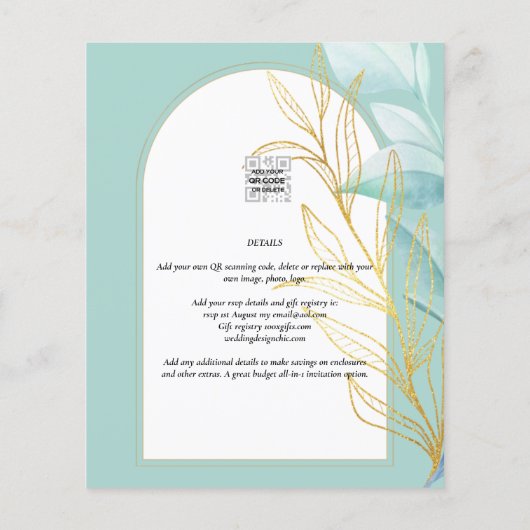 All-in-1 Sea Glass Aqua Green Gold Blätter Hochzei Flyer (Hinten)