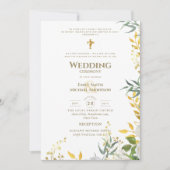 All-in-1 White Gold Greenery katholische Hochzeit Einladung (Vorderseite)