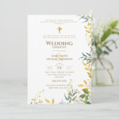 All-in-1 White Gold Greenery katholische Hochzeit Einladung (Stehend Vorderseite)