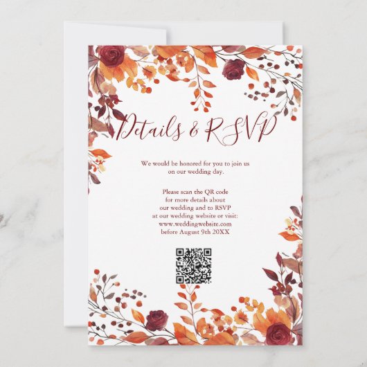 All in einem Burgund Fall in Liebe QR-Code Hochzei Einladung (Rückseite)