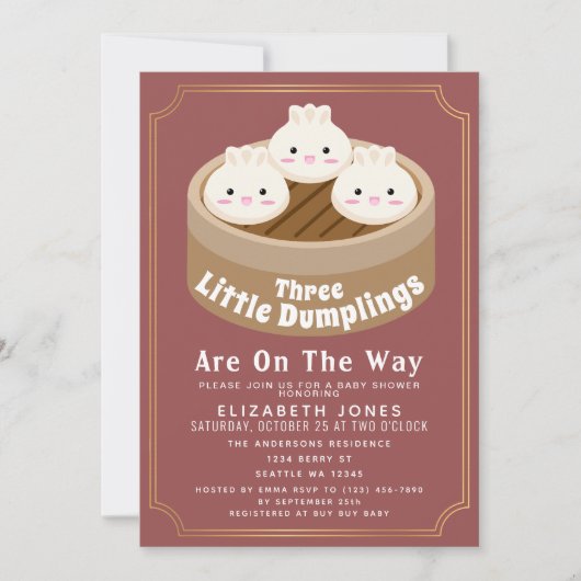 All In Once Little Dumpling Triplets Baby Shower Einladung (Vorderseite)