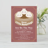 All In Once Little Dumpling Triplets Baby Shower Einladung (Stehend Vorderseite)