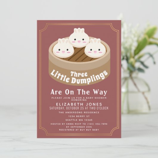 All In Once Little Dumpling Triplets Baby Shower Einladung (Stehend Vorderseite)