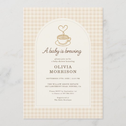 All in One Baby is Brewing Coffee Baby Shower Einladung (Vorderseite)