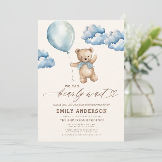 All in one Bearly Wait Blue Boy Baby Dusche Einladung (Stehend Vorderseite)