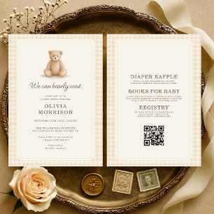 All in One Bearly Wait Neutral Gingham Baby Shower Einladung