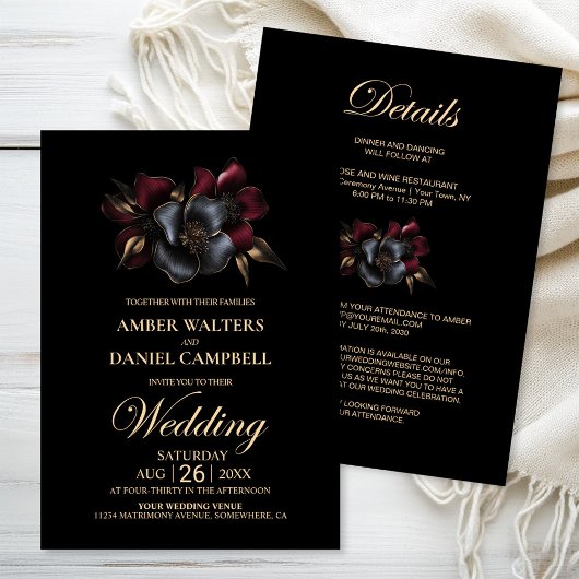 All in One Black Burgundy Gray Floral Wedding Einladung