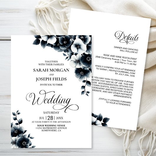 All in One Black White Floral Wedding Einladung