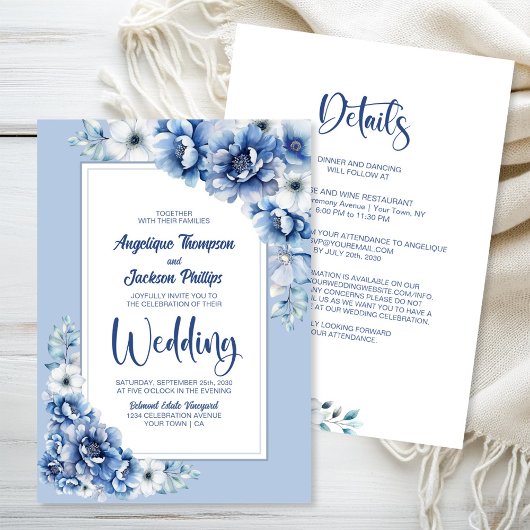 All in one Blue Floral Wedding Einladung