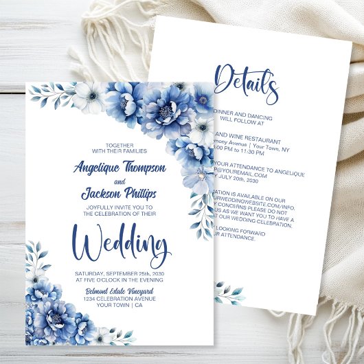 All in one Blue Floral Wedding Einladung