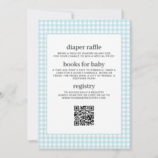 All in One Blue Gingham Baby Boy Dusche Einladung (Rückseite)