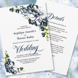 All in one Blue Grey Floral Wedding Einladung