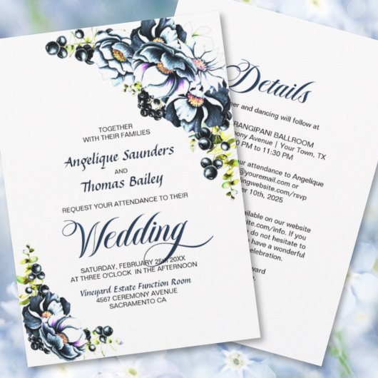 All in one Blue Grey Floral Wedding Einladung