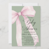 All in One Blush Pink Bow Sage Green Baby Shower Einladung (Vorderseite)