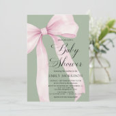 All in One Blush Pink Bow Sage Green Baby Shower Einladung (Stehend Vorderseite)