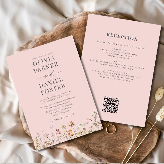 All in one Blush Pink QR Wildblume Hochzeit Einladung