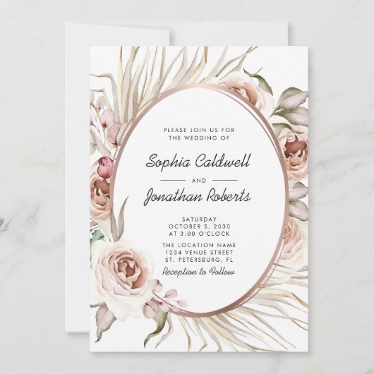All in One Boho Floral Rose Gold Metallic Wedding Einladung (Vorderseite)