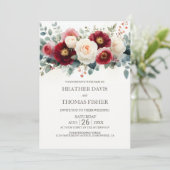 All in One Burgundy and White Floral Wedding Einladung (Stehend Vorderseite)