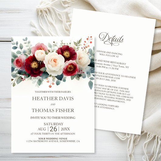 All in One Burgundy and White Floral Wedding Einladung
