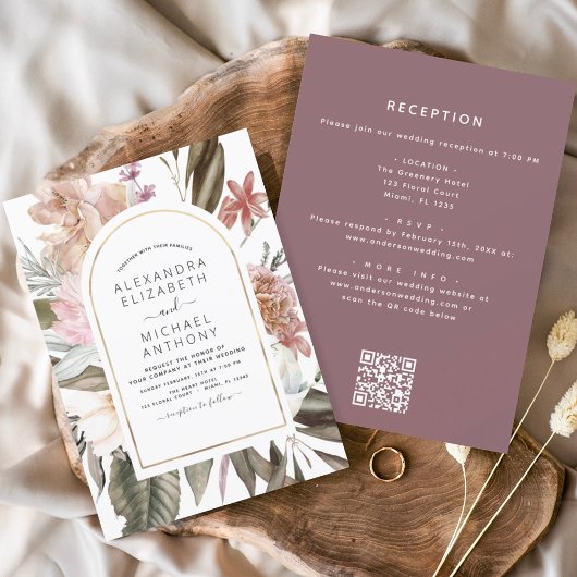 All in One Burgundy Boho Floral QR Code Wedding Einladung