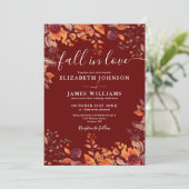 All In One Burgundy Fall In Love Floral Wedding Einladung (Stehend Vorderseite)