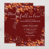 All In One Burgundy Fall In Love QR Code Wedding Einladung (Vorne/Hinten)
