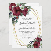 All in one Burgundy Floral Gold Winter Wedding Einladung (Vorne/Hinten)
