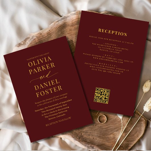 All in one Burgundy Gold QR Code Wedding Einladung