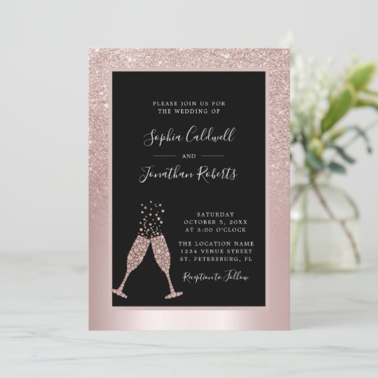 All in one Champagne Toast Blush Glitzer Hochzeit Einladung (Stehend Vorderseite)