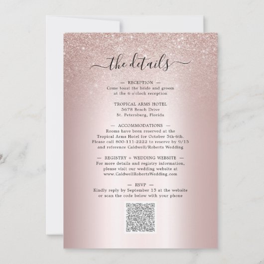 All in one Champagne Toast Blush Glitzer Hochzeit Einladung (Rückseite)
