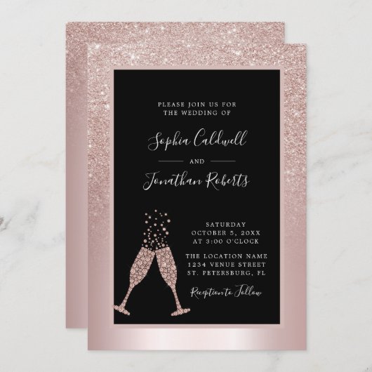All in one Champagne Toast Blush Glitzer Hochzeit Einladung (Vorne/Hinten)