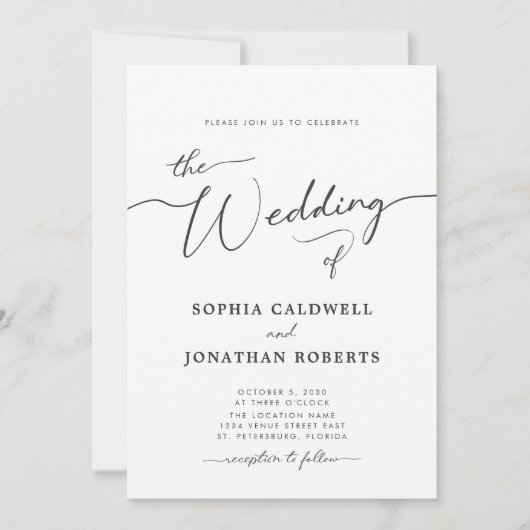 All in one Charcoal gray Calligrafy Wedding Einladung (Vorderseite)