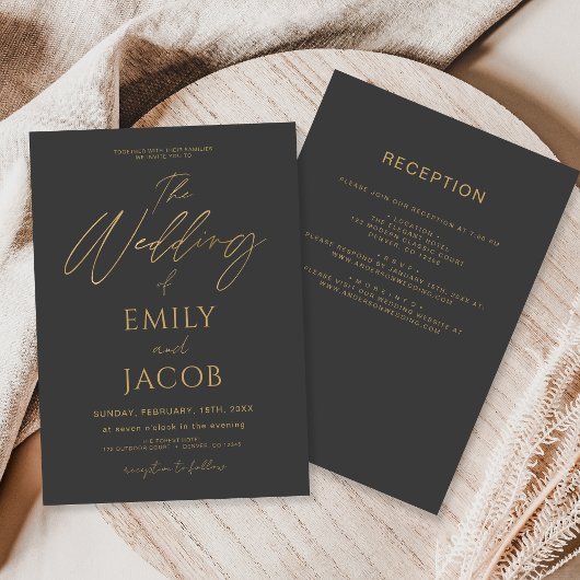 All in one Charcoal Gray Gold Wedding Script Einladung