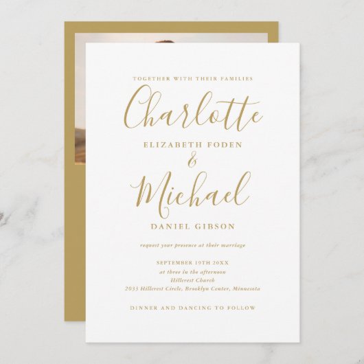 All in one Chic Gold Script Foto Hochzeit Einladung (Vorne/Hinten)