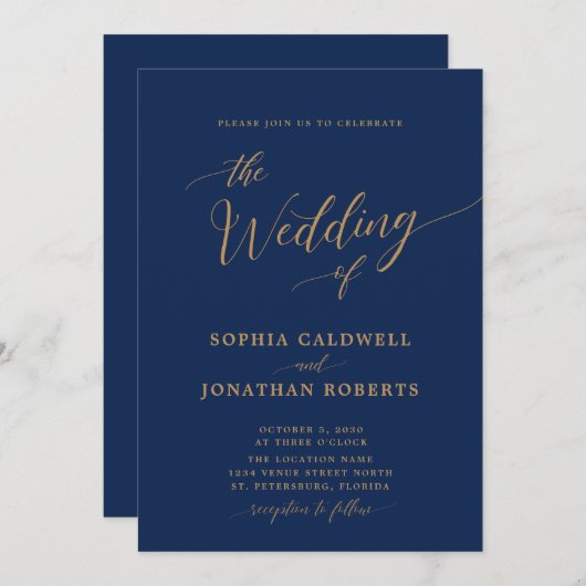 All in one Classic Gold Calligraphy Navy Wedding Einladung (Vorne/Hinten)