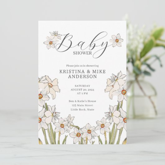 All in one Daffodin Spring QR Code Babydusche Einladung (Stehend Vorderseite)